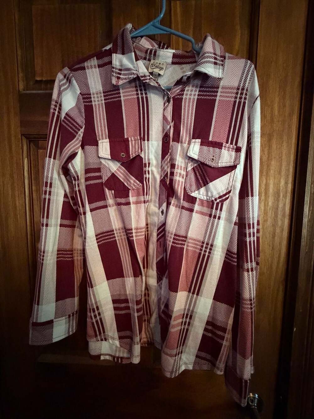 COMO Vintage Red White Plaid Long Sleeve Button-Up Flannel Shirt Size L